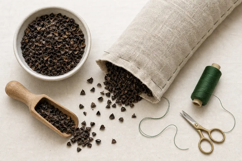 DIY linen draft stopper project with dark papery buckwheat hulls, scoop, thread, and scissors