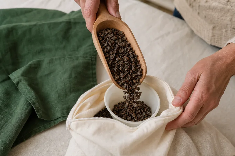 Hands using a wooden scoop and funnel to fill a cotton liner with dark papery buckwheat hulls