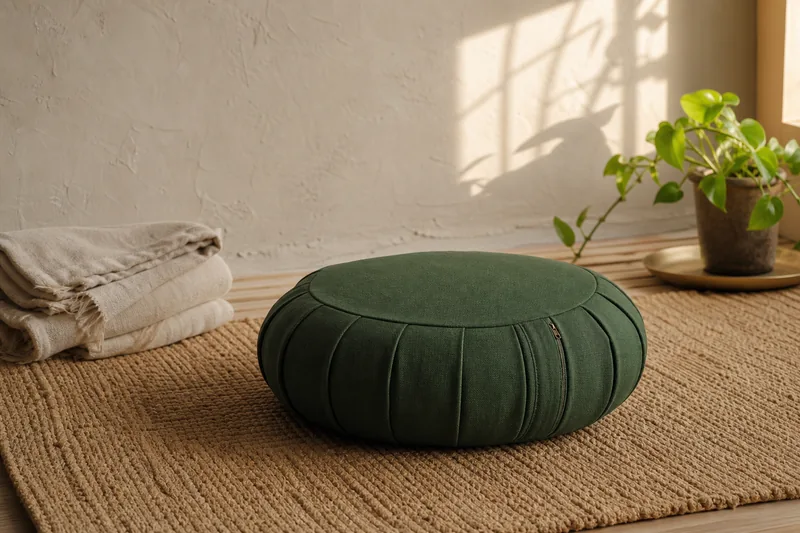 Deep green round zafu cushion in a calm cream meditation corner
